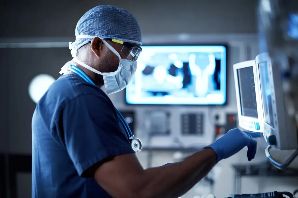 Radiologist analysing an MRI image of the head