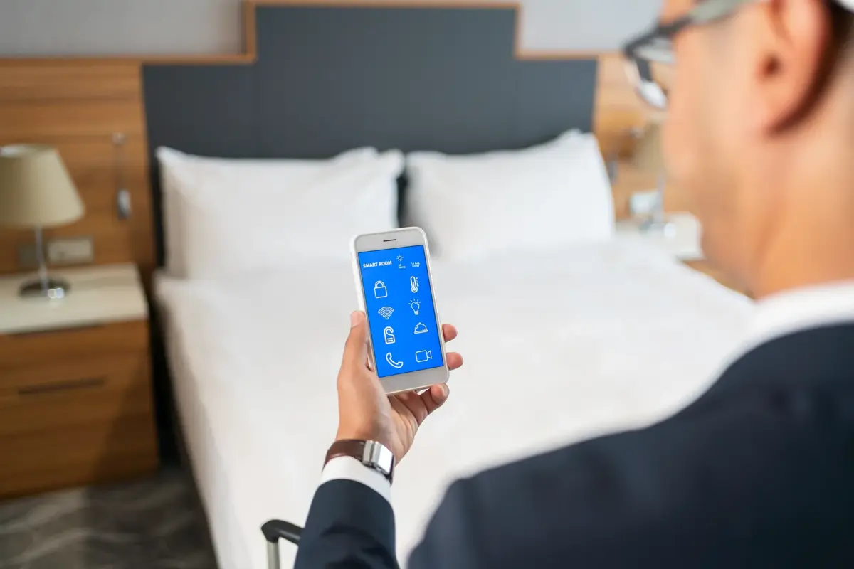 Business traveler using a tablet in a hotel conference lobby