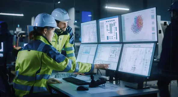 Project engineer talking to an operator who controls a production line